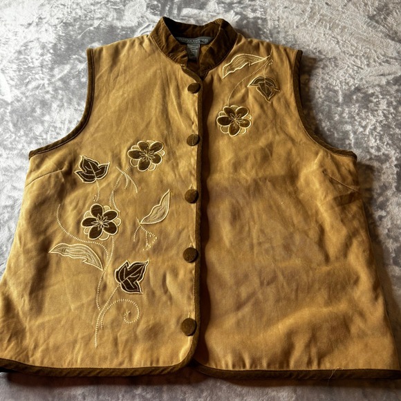 Suede Vest with Floral Embroidery Sleeveless Brown Trimmed Button Down Top - Picture 8 of 14